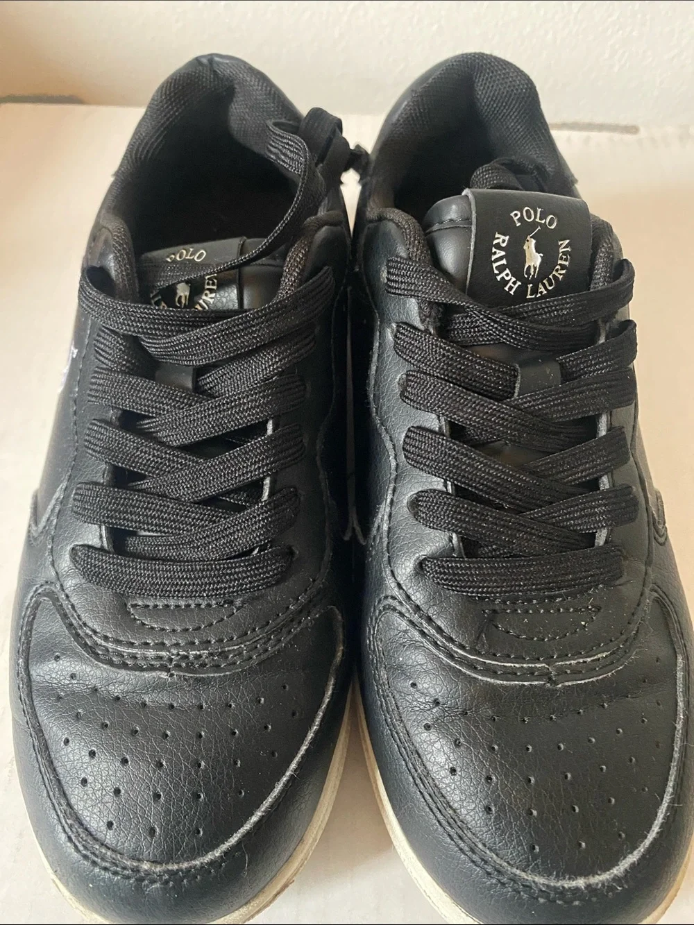 Kids Polo by Ralph Lauren Black Leather Sneakers with White Pony sz 2.5